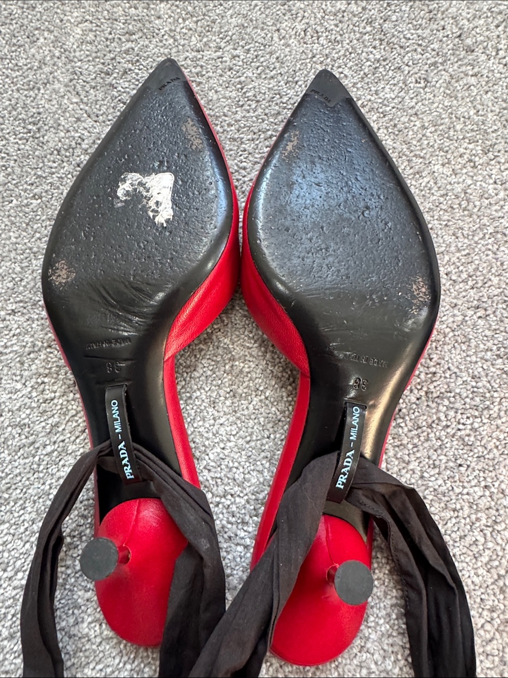Archive Prada Milano Red Leather Ribbon Wrap Kitten Heels | Size 38 | Dust Bags - Picture 15 of 16